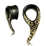 CHICNET Tunnel Holz Tropfen Dorn gebogen golden bemalt Gravur Double Flared Arangholz | Handarbeit Gold bemalt | Unisex Flesh Holztunnel Männer Frauen | Earplug Ohrschmuck Träne Organic Tribal 08 mm