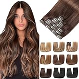 EINbeauty Clip In Extensions Echthaar 7Stücke Extensions Echthaar Gerade Echthaar Extensions Dunkelbraun mit Chestnut Braun Extensions Clip In 80g 35cm(14Zoll，2/2/6#）