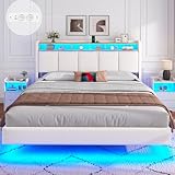 Brinlawb Polsterbett 180x200 cm Schwebebett mit LED-Beleuchtung, Kopfteil und Ladestation(2 AC-Steckdosen, 2 USB-Anschlüsse), Bett 180x200 mit Stauraum, Modern Doppelbett mit lattenrost, Leinen, Weiß