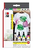 Marabu 1719000000085 - Fashion Spray, Tropical Island, Textilsprühfarbe auf Wasserbasis, für helle Textilien, einfache Fixierung, waschbeständig bis 40°C, 3 x 100 ml Farbe und 25 ml Fashion Liner