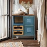 G-LEAF Sideboard Industriestil Blau, Retro Kommode Metallschrank mit Holzplatte, Vintage Aufbewahrungsschrank mit 2 Schubladen & 1 Tür, Used-Look Schrank freistehend für Wohnzimmer, Küche, Flur