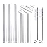 Glas Strohhalme Wiederverwendbar - 6 Glasstrohalme Gerade & 6 Glasstrohalme Gebogene 21,5cm Trinkhalme Glas Wiederverwendbare Strohhalme Glas mit 4 Reinigungsbürsten für Cocktails Smoothie Säfte