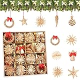 JOSPL 56-teiliges Weihnachtsbaumschmuck aus Stroh Christbaumschmuck Strohanhänger,Handgemacht Weihnachtsbaum Deko für den Weihnachtsbaum,Ø 6 cm mit Sterne Herzen Engel,Natürlicher Christbaum Behang