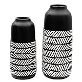 TERESA'S COLLECTIONS Schwarze Vase für Home Decor, 2er Moderne Keramik Vasen Set mit Weißen Gestreift, Blumenvase für Wohnzimmer, Kaminsims, Tischregal, Büro, 25/19 cm Hoch