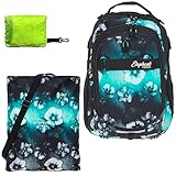 Elephant Schulrucksack Jungen Mädchen ab 3. Klasse Schule Tasche Brustgurt Schultasche Rucksack mit Sportbeutel Attach Bag und Regenhülle Premium 3 Teile Set Auswahl rtp (Flower Türkis 12805)