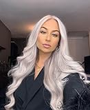 VEBONNY Silbergraue Perücken für Cosplay Synthetisches Haar Lockige Spitze Front Hellgraue Perücke mit Mittelteil Leimlose Perücke 22 Zoll VEBONNY-039-NEU
