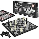 HDRNT Schachspiel Magnetisch, 3-in-1 Schachspiel Hochwertig,Einklappbar Schachbrett Schach für Kinder ab 6 Jahre， Reiseschachspiel mit tragbarem Aufbewahrungsschachbrett，Schwarz und Weiß 32 × 32 cm