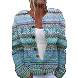 Generisch Strick Cardigan Damen V-Ausschnitt Vintage Strickjacke Blumen Druck Strickcardigan Oversized Langarm Strickpullover Winter Bequeme Warme Open Front Sweater(A Himmelblau,XXL)