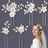 5 Stück Haarschmuck Hochzeit Weiß Gold, FUKPO Braut Haarschmuck Blumen Spange Brautschmuck Haare Perlen, Haarspange Haarnadeln Hochzeit Blätter