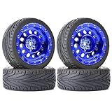 RC Auto Reifen und Räder Set,KINGCOO 4Stück 65mm Gummireifen und Kunststoff Vintage Räder Felgen 12mm Hex für 1/10 RC On-Road Touring Racing Auto für HSP HPI Kyosho Tamiya (Blau)