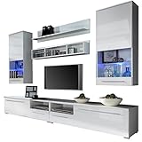 Wohnwand Anbauwand Luna, Farbauswahl, Modernes Wohnzimmerschrank, inkl. TV Lowboard, Vitrine, Wandregal, Design Mediawand, Wohnzimmer Set (mit RGB LED Beleuchtung, Weiß/Weiß Hochglanz)
