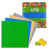 4 Stück Platten, Doppelseitiges Bauplatte Set für Classic Bausteine mit Steinlöser Trenner Werkzeug Plastik Grundplatte 25 x 25 cm - Blau Grün Grau Sand