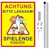 Aluminium Achtung Kinder Schild, Mit Schrauben und Sechskantschlüssel, Bitte Langsam Fahren Schild mit Pfosten Reflektierend, für Außenbereich Innenbereich (35 × 25 cm) (Gelb)