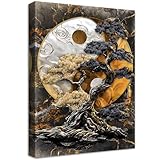 Qian Kun Yin Yang Baum Leinwand Bilder Mit Rahmen Schwarz Braun Silber Marmor Kamee Wandbilder Wandkunst Bild auf Leinwand Malerei Korridor Wohnzimmer Schlafzimmer Badezimmer Wanddekor 40x60cm