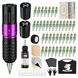Solong Tattoo Maschine Set 2 Batterien 7 Strokes, Rotary Wireless Tattoo Pen Gun mit LCD Digital, 40pcs Cartridge Nadeln, 30ML Tinten Schwarz für Anfänger und Künstler SL-TK0001EU-4