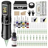 Solong Tattoo Maschine Set Profi, Rotary Wireless Tattoo Pen Gun Kit mit 1800mAh Akku, LCD Digital 40 Cartridges Nadeln 8 hochwertigen Tinten für Tattoo Anfänger und Künstler SLE96EN01SEU-1