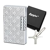 Feuerzeug Silber Chrom | Design Prägung | Stand Flamme | Edles Set Gas Marken Feuerzeug + Coumo Justier Werkzeug | Geschenkverpackung | Material: Metall