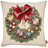Hossner Kissenbezug Weihnachten 45x45 Kissen Gobelin Kissenhülle Beige Dekokissen Beidseitig Gewebt Stoff Waschbar Weihnachtskranz