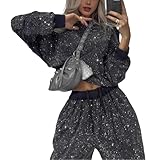 Veriliss 2-Teilig Damen Trainingsanzug Glitter Pailletten Outfits Mädchen High Waisted Langarm Lounge Set (Schwarz,M)
