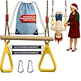 Premium 2in1 Trapez Schaukel für Kinder Indoor -Outdoor, mit Turnringe aus Kunststoff und Schaukelbrett aus Holz-Höhenverstellbar und belastbar Kletterspaß Für Garten oder Zuhause
