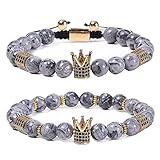 Whoiy Perlenarmband, Pärchen Armband Achat Legierung Grau Glatte Natursteinperlen mit Krone Perlenarmband 18cmx8mm