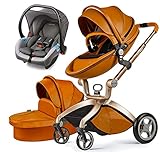Hot Mom Klassik Kinderwagen - Kombikinderwagen 3 in 1 Riesenset komplett set, Alu-Rahmen/Voll-Gummireifen/Regenschutz/Mosquitonetz Modell F22 (Braun-3in1) 2022 Style