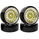 4Stück 1/10 RC Drift Autoreifen,KINGCOO 63mm RC Felge Hart Drift Kunststoffbeschichtung Rad Reifen Felgen für 1:10 RC On Road Run-Flating Racing Car für Tamiya HSP HPI Kyosho(Gold Silber)