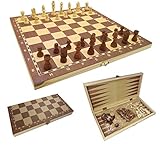 CT Schach Dame Backgammon Spielbrett 3 in 1 in Klappbox aus Holz (33,8 cm)