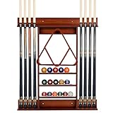 COSTWAY Billard Queue Halter Wandmontage, Wandqueuehalter für 8 Queues, 15 Billardkugeln und 1 Ballständer, aus Kiefernholz (Braun)