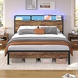KIMENICH Bett 140X200 mit LED-Beleuchtung, Bettgestell 140x200 Lattenrost aus Metall, Metallbett mit Ladestation, Holzkopfteil mit Stauraum, Stauraum unter dem Bett, Schlafzimmer, Vintage-Braun