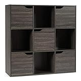 GIANTEX Bücherschrank mit 9 Fächern, Bücherregal Würfelregal mit 5 Türen, Holz Standregal Büroregal freistehend, Aufbewahrungsregal für Bücher, DVDs, Spielzeuge (grau)