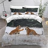 MEVASA Tiger Bettwäsche 220x240 3D Motiv Flauschige Bettbezug Süße Tiere Schnee Qualität Luxus Atmungsaktiv Allergiker Mikrofaser Betten Set 3 Teilig mit Reißverschluss