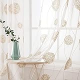 MIULEE Vorhänge mit Florales Stickerei, Gardinen Weiß mit Golden Muste für Wohnzimmer, Schlafzimmer Vorhang Transparent mit Ösen, 2er Set Voile Blumen Durchsichtig Vorhänge, Jeder H 160 X B 140cm