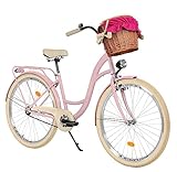 MILORD Damenfahrrad Citybike Komfort Mit Weidenkorb Vintage Fahrrad, 26, 28 Zoll, 1-Gang (Rosa-Creme, 28 Zoll)