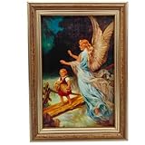 Lunexus Schutzengel Bild 12x17 cm mit Holzrahmen & Echtglas – katholisch gesegnet – Motiv Engel führt Kind über Brücke – Wandbild zur Taufe Geburt Kommunion Kinderzimmer religiöse Deko