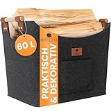 BLACK OAK Montana XL 60L Filzkorb & Holzkorb für Kaminholz - Echt-Leder Applikation + breite Griffe + Fronttasche extra groß - Filz Tasche Korb für Holz faltbar Transport & Aufbewahrung anthrazit