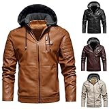 Generisch Motorradjacke Herren Leder Lederjacke mit Kapuze Winter Fleecejacke Gefüttert Sweatjacke Outdoor Jacke Warme Leder Jacken Regular Fit Klassische Einfarbig Freizeitjacke Gelb XL