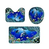 Trintion 3 teiliges Badematten Set rutschfest U-FöRmige Duschvorleger Ozean-Muster super weich, schnell trocknend WC-Garnitur rutschfest Teppich