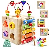 Motorikwürfel Motorikspielzeug 5-in-1 Spiele-Center Aktivität Würfel inklusive Motorikschleife, Uhr, Motorikspiel, Xylophon Holzspielzeug Frühe Bildung Spielzeug Für Kinder und Babys-Geschenkideen