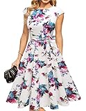 DRESSTELLS Cocktailkleid Damen Elegant 1950er Knielang Rockabilly Hochzeitkleid Vintage A-Line Swing Festlich Midilang Sommer Kleid White Flower 2XL