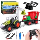 Charmofun Ferngesteuerter Traktor, RC Traktor Spielzeug mit Mixer und Licht, 2.4GHz Trecker mit Anhänger, Trecker Ferngesteuert Geschenke im Baustellen Thema für Kinder ab 3 4 5 6 Jahren