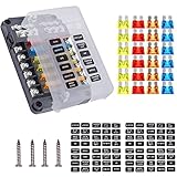 Greluma 12 Wege Flachsicherungs Block, Wasserdichter 12 V Sicherungskasten Halter, 12 Poliger Negativer Bus-Sicherungskasten mit LED-Anzeige für Automobil, Auto, LKW, Boot, Marine, Wohnmobil, Van