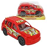 BEMIRO Spielzeug Auto SUV – ca. 13 cm – mit Rückziehmotor – aus Kunststoff – mit Stickern beklebt – wählbar in Rot oder Blau – Auto Spielzeug für Kinder ab 3 Jahren (Rot)