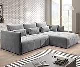 FURNIX Ecksofa Yalta mit Schlaffunktion und Bettkasten - Couch L-Form Sofa mit Kissen - Stellfüße in Chromoptik - B245 x H83 x T182 cm, Liegefläche: 147 x 232 cm - MH85 (Hellgrau)