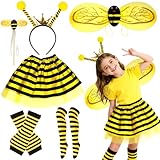 6 Stück Bienen Kostüm Set für Kinder, Karneval Bienenkostüm Accessoires Kit mit Bienenflügel Stirnband Zauberstab Handschuhe Socken Rock für Mädchen Halloween Fasching Cosplay Party