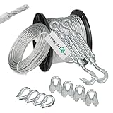 Renomo24 Drahtseil Set 4 - Stahlseil 20m 4mm 6x7 verzinkt und ummantelt, 2x Spannschloss Haken/Öse, 4x Bügelklemmen, 4x Kauschen