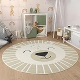 Paco Home Kinderteppich Teppich Kinderzimmer Rund Spielmatte Babymatte Waschbar Bis 30 Grad Löwenkopf Bärenkopf Moderne Deko, Grösse:120 cm Rund, Farbe:Beige