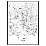 JUNOMI® Düsseldorf Poster XL Schwarz Weiss, DIN A2 Wohnzimmer Deko, Modernes Wandbild, Düsseldorf Bild, Wandbild ohne Rahmen, Stadtplan Poster Düsseldorf, perfekte Geschenkidee