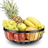KitChef Obstschale Metall Schwarz mit einem Holzboden I Obstschale groß aus Metall Draht, ideal als Küchen Deko I Aufbewahrung für Obst und Gemüse I Auch als Brotkorb für die Küche verwendbar