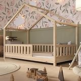 Crazy Pine Hausbett 90x200 cm – Kinderbett aus Naturholz mit Rausfallschutz – Montessori Bodenbett mit Höhenverstellbaren Beinen und Abnehmbarer Barriere - Crazy House